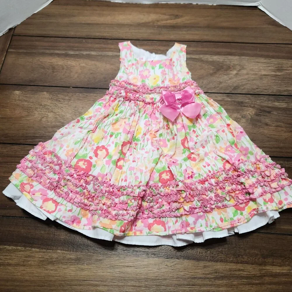 Jessica Ann Multicolored Floral Dress W/Pink Bow Ruffled Waist